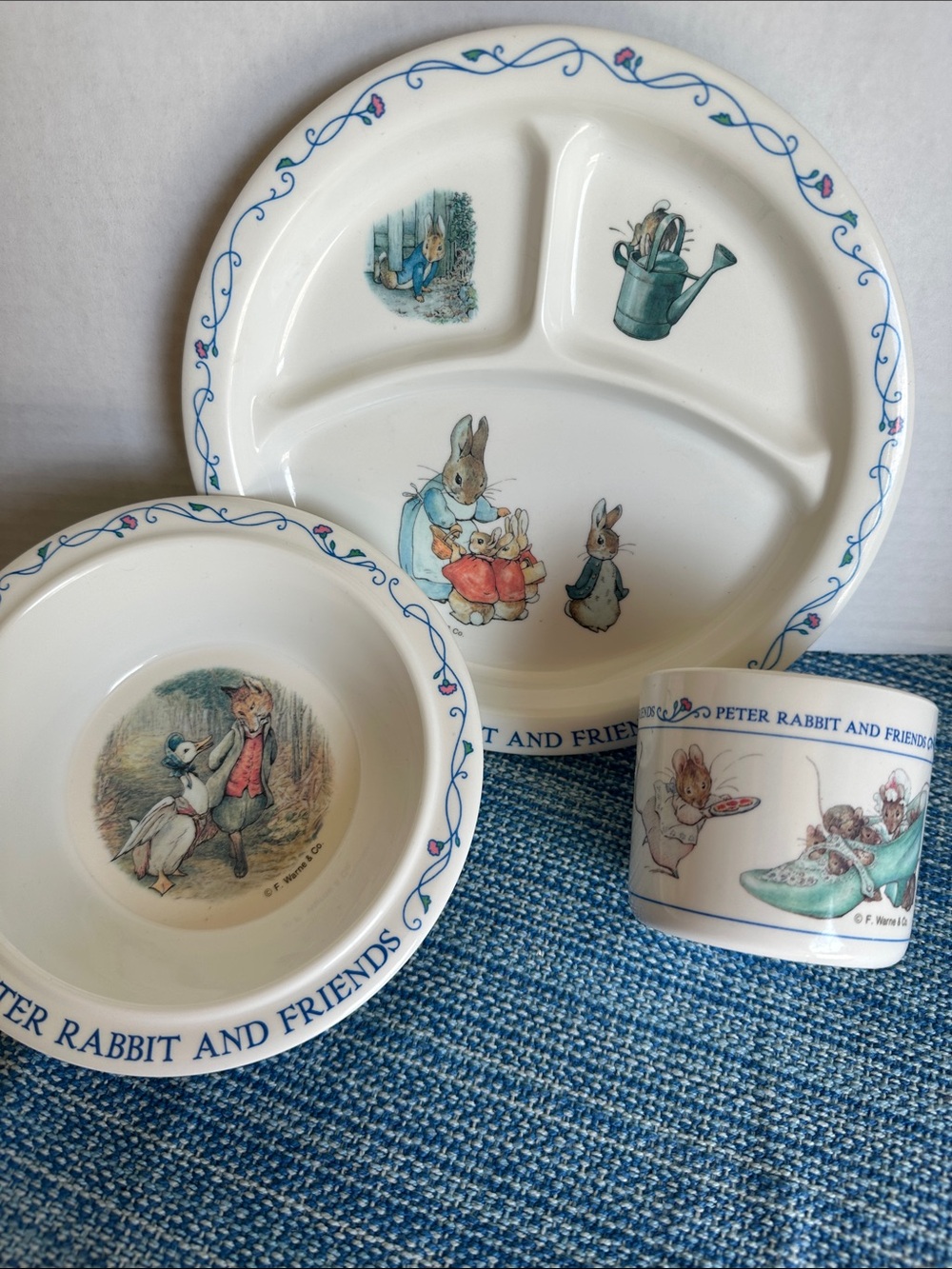 Beatrix Potter Peter Rabbit Kids 3-Piece Dinnerware Set - White with Blue Trim